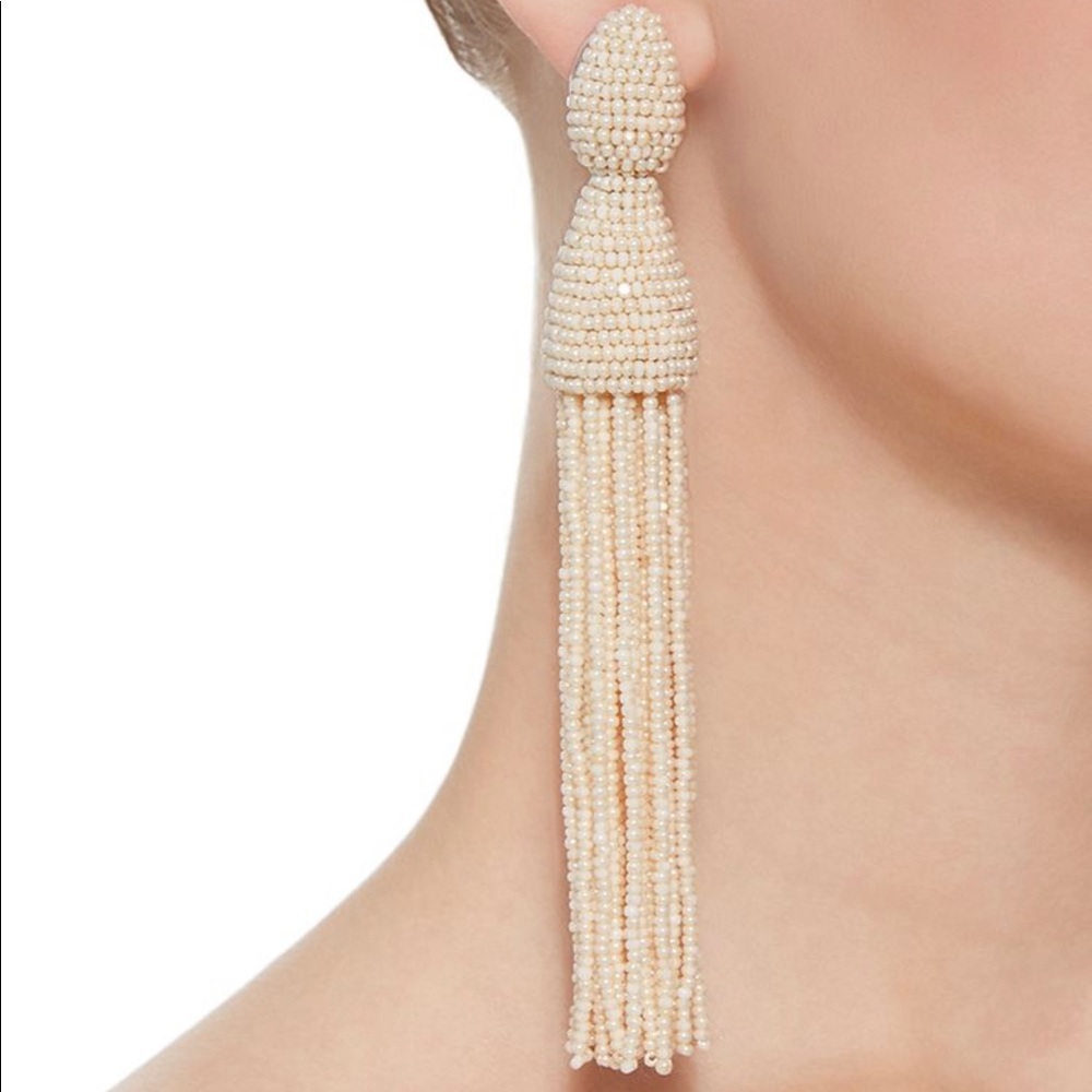 Oscar De La Renta ivory white long tassel earrings